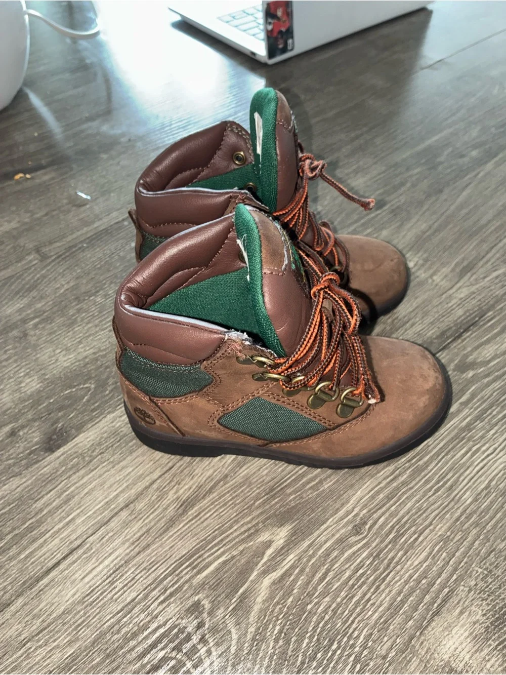 Timberland Kids Brown Leather Hiking Boots with Green Trim